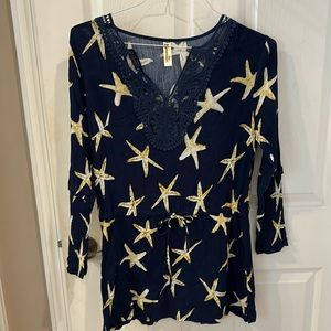 Large navy blue with crochet detail neck line drawstring waist, starfish dress
